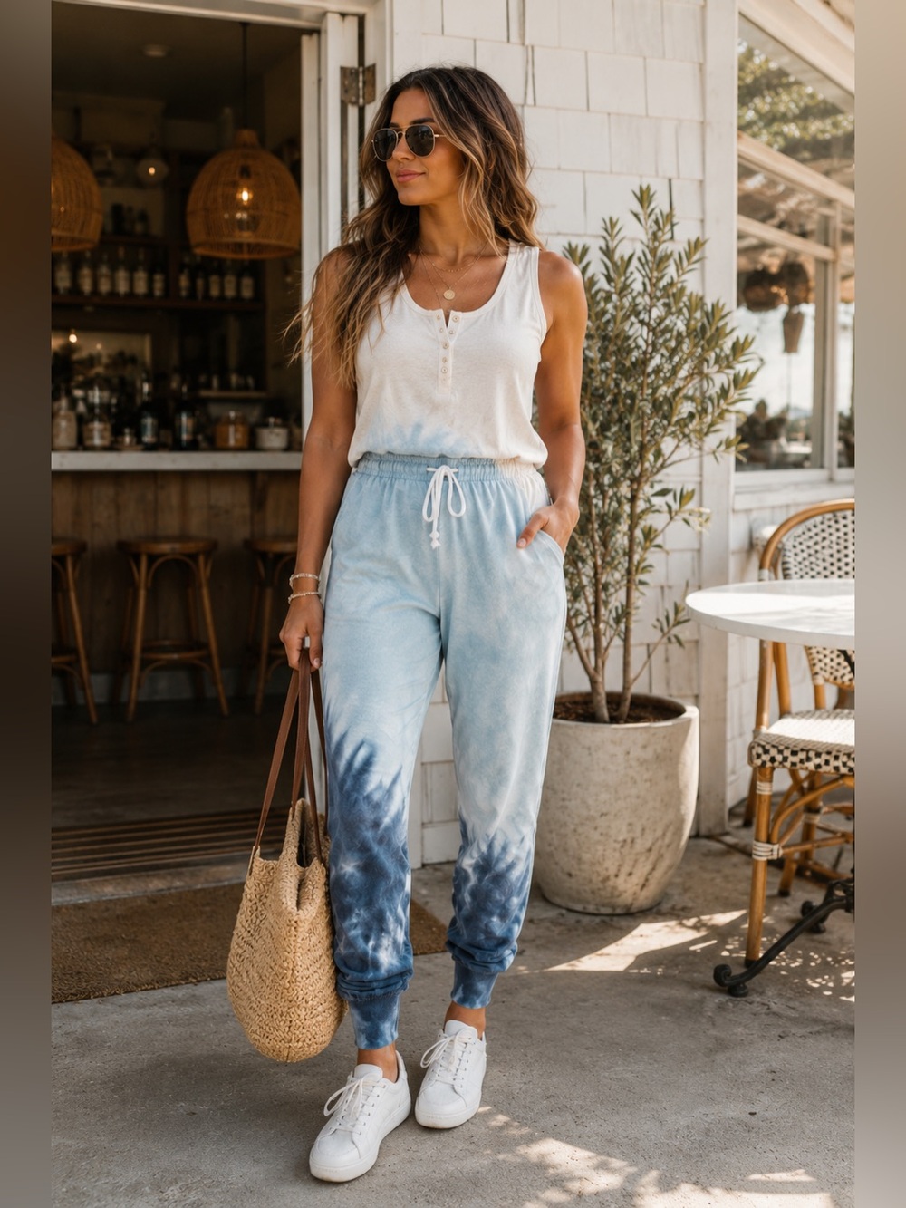 Blue & Cream Dip Dye Sleeveless Jumpsuit Boho Resort Loungewear